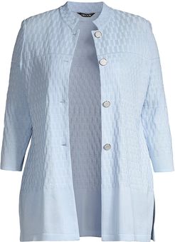 Mandarin Basketweave Knit Jacket - Ice Blue - Size XL