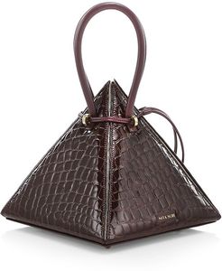 Lia Croc-Embossed Leather Pyramid Top Handle Bag - Saddle Brown