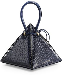 Lia Croc-Embossed Leather Pyramid Top Handle Bag - Ocean Blue