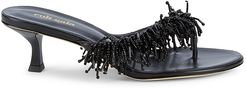Hera Beaded Fringe Leather Thong Sandals - Black - Size 5