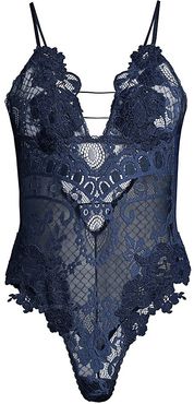 Every Little Thing Lace-Trimmed Mesh Teddy - Navy - Size Small