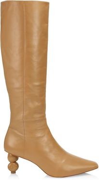 Lola Bauble-Heel Tall Leather Boots - Camel - Size 8