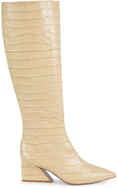 Kyle Point-Toe Croc-Embossed Leather Boots - Beige - Size 8.5