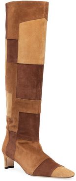 Wally Tall Patchwork Suede Boots - Tan Patchwork - Size 9.5