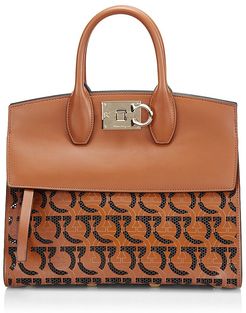 Studio Gancini-Print Leather Top Handle Bag - Brown