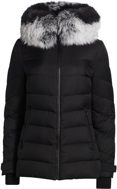 Removable Fox Fur-Trim Hooded Down Jacket - Black - Size Small