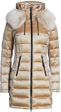 Fox Fur-Trim Hooded Down Parka - Champagne - Size Small