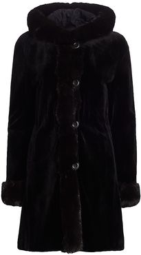 Reversible Sheared Mink Fur & Sable Fur-Trim Hooded Coat - Black Uptone - Size XL