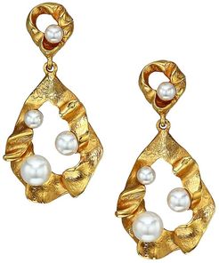 Crystal Pearl & Crinkled Metal Drop Earrings - Gold