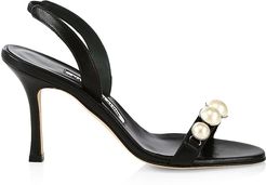 Minchisli Faux Pearl-Embellished Leather Slingback Sandals - Black - Size 7.5
