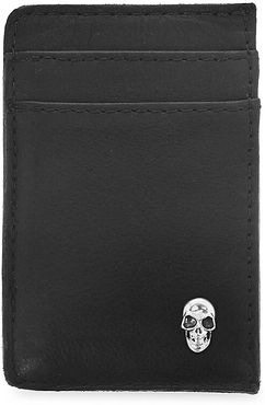 Small Leather Goods Skull Leather Open Card Holder - Silver Black