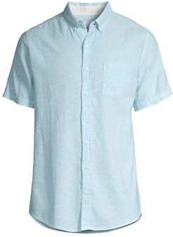Stretch Linen-Blend Short-Sleeve Shirt - Powder Blue - Size Large