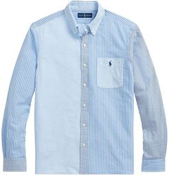 Stripe-Blocked Seersucker Shirt - Blue - Size Medium