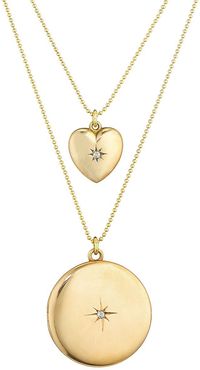 18K Yellow Gold, Diamond Heart & Round Locket 2-Tier Necklace - Gold