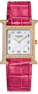 Heure H Diamond, Rose Gold & Alligator Strap Watch - Pink