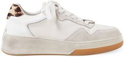 Keira Leather, Suede & Leopard-Print Calf Hair Sneakers - White - Size 11