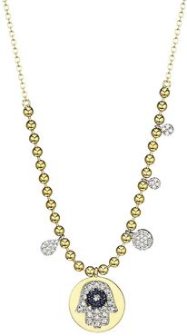 14K Yellow Gold. Diamond & Blue Sapphire Hamsa Pendant Ball Chain Necklace - Yellow Gold