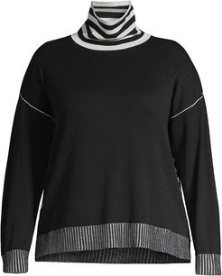 Mockneck Stripe Knit Sweater - Black Combo - Size XXL