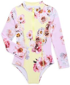 Little Girl's & Girl's Peonies Long-Sleeve Rashguard One-Piece Swimsuit - Size 6