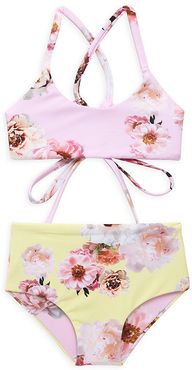 Little Girl's & Girl's Peonies Two-Piece Reversible Bikini Set - Size 14