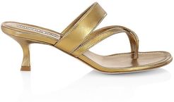 Susa Kitten-Heel Metallic Leather Thong Sandals - Bronze - Size 9