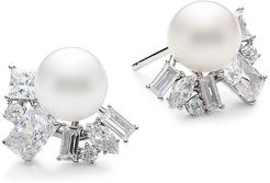 Encore-Pearl Sterling Silver, Cubic Zirconia & 8-8.5MM Pearl Stud Earrings - Rhodium