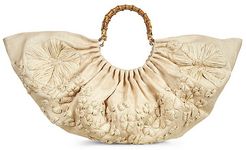 Large Banu Straw Flower Linen Top Handle Bag - Natural