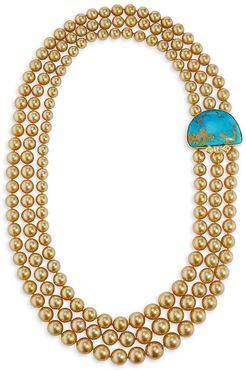 8-12.9MM Cultured Golden Pearl, Natural Turquoise & Yellow Diamond Triple-Strand Necklace - Yellow Gold