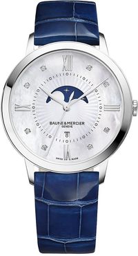 Classima Moonphase Diamond, Mother-Of-Pearl, Stainless Steel & Patent Alligator Strap Watch - Silver Blue - Size 0