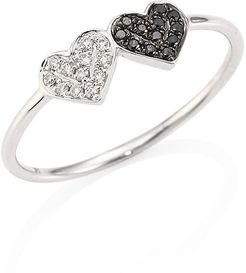 Small Pavé Double Heart Diamond & 14K White Gold Ring - White Gold - Size 6.5