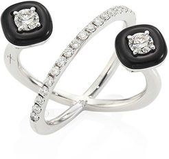 Oui Diamond, Enamel & 18K White Gold Ring - White Gold Black - Size 5