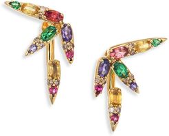 Spectrum Brown Diamond, Tsavorite, Iolite, Pink Tourmaline, Yellow Beryls & Rhodolite Ear Jacket & Stud Earrings Set - Gold Multi