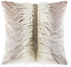 Velvet & Ostrich Feather Pillow - Beige