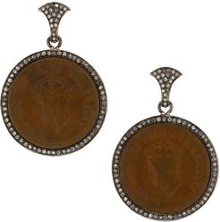 Black Rhodium-Plated & Diamond Coin Drop Earrings - Brown