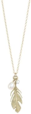 Fauna Feather Diamond & Pearl Pendant Necklace - Yellow Gold