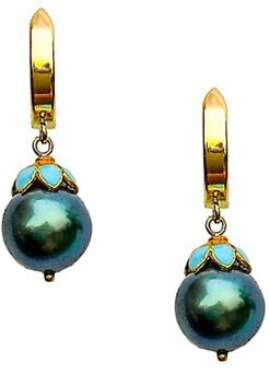 18K Gold, 6mm Tahitian Pearl & Turquoise Drop Earrings