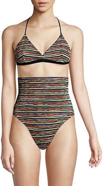 Striped 3-Piece Bikini Top, Bottom & Bag Set