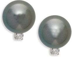 14K White Gold 8-9MM Tahitian Pearl & Diamond Stud Earrings