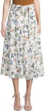 Botanical-Print Linen Knee-Length Skirt