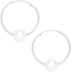 14K White Gold & 6-7MM White Round Pearl Hoop Earrings