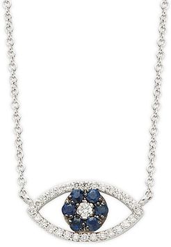 14K White Gold Sapphire & Diamond Cutout Eye Pendant Necklace