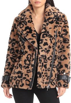 Oversized-Fit Leopard-Print Teddy Faux Fur Biker Jacket