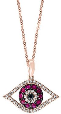 14K Rose Gold Pink Ruby, Black & White Diamond Evil Eye Pendant Necklace