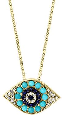 14K Yellow Gold Turquoise, Black Sapphire & Diamond Evil Eye Pendant Necklace