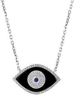 14K White Gold Onyx, Sapphire & Diamond Evil Eye Pendant Necklace