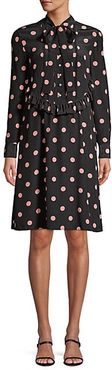 Polka Dot Ruffle Bow Silk Shirtdress