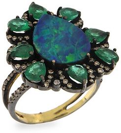 14K Yellow Gold, Emerald Opal & Brown Diamond Floral Ring