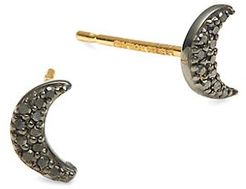 Goldplated Sterling Silver & 0.066 TCW Black Diamond Little Crescent Moon Stud Earrings