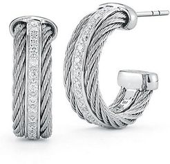 18K White Gold, Stainless Steel & Diamond Huggie Hoops