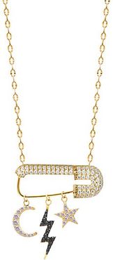 14K Gold Vermeil, Black & White Micropav&eacute; We Dream Safety Pin Charm Pendant Necklace